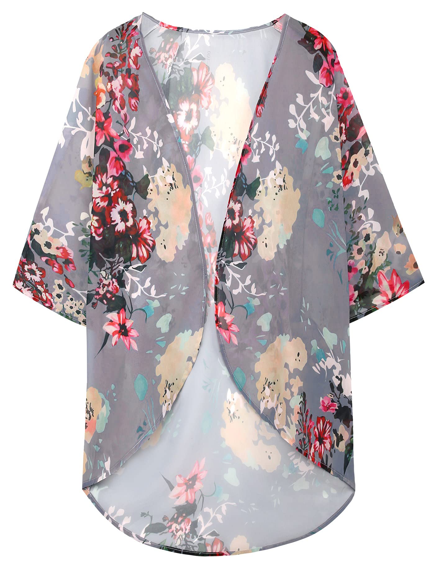 Women's Floral Print Puff Sleeve Kimono Cardigan Loose Cover Up Casual Blouse Tops (Dark Grey, S)