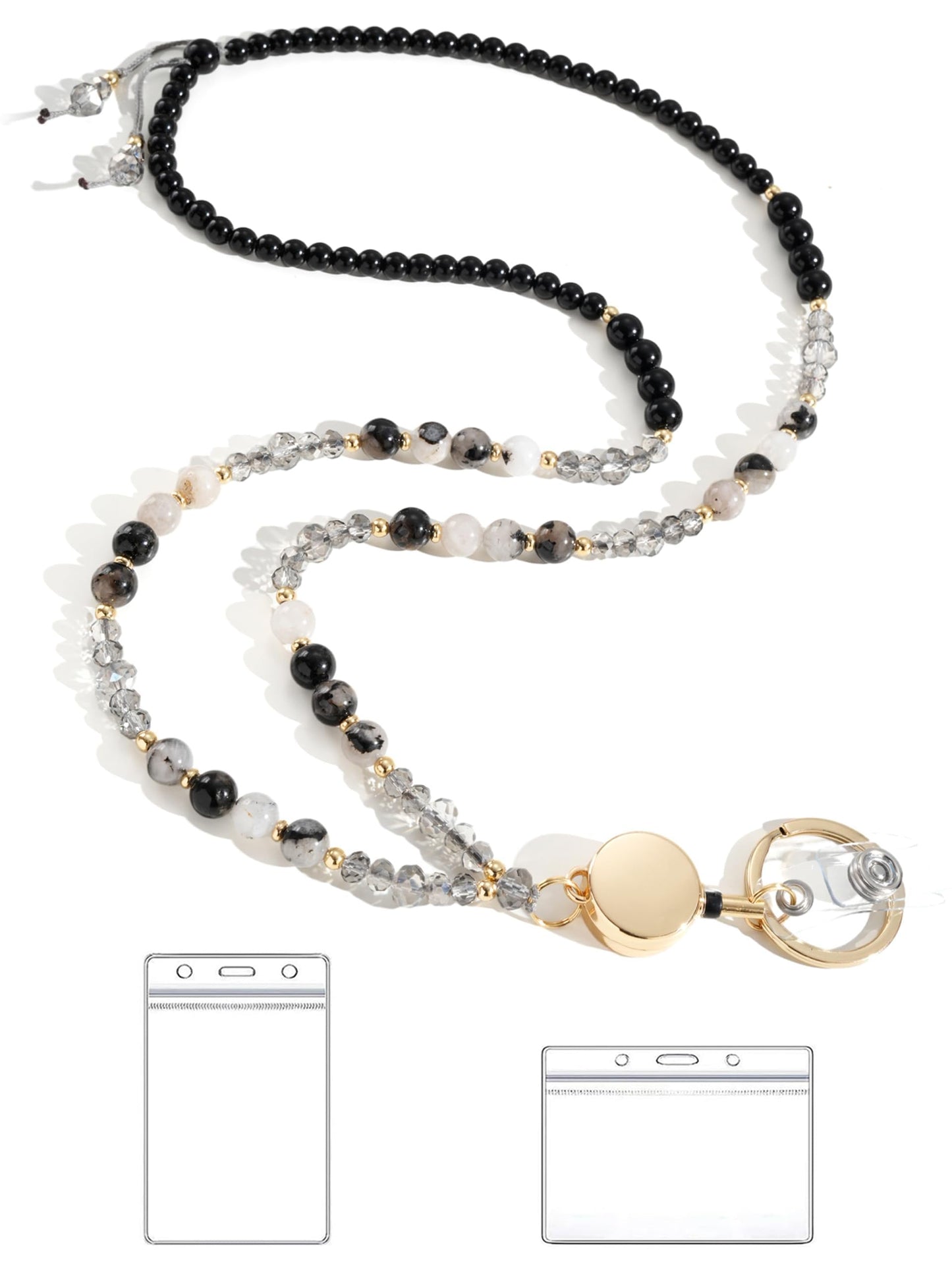 BettDecor Lanyards for ID Badges and Keys,Natural Stone Beaded Teacher Lanyard for Women,Retractable Lanyard with ID Holder Cute Lanyards