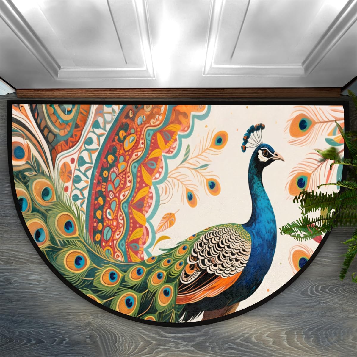 Half Round Decorative Area Rug Hand-Painted Peacock (005) Semi-Circle Floor Mat