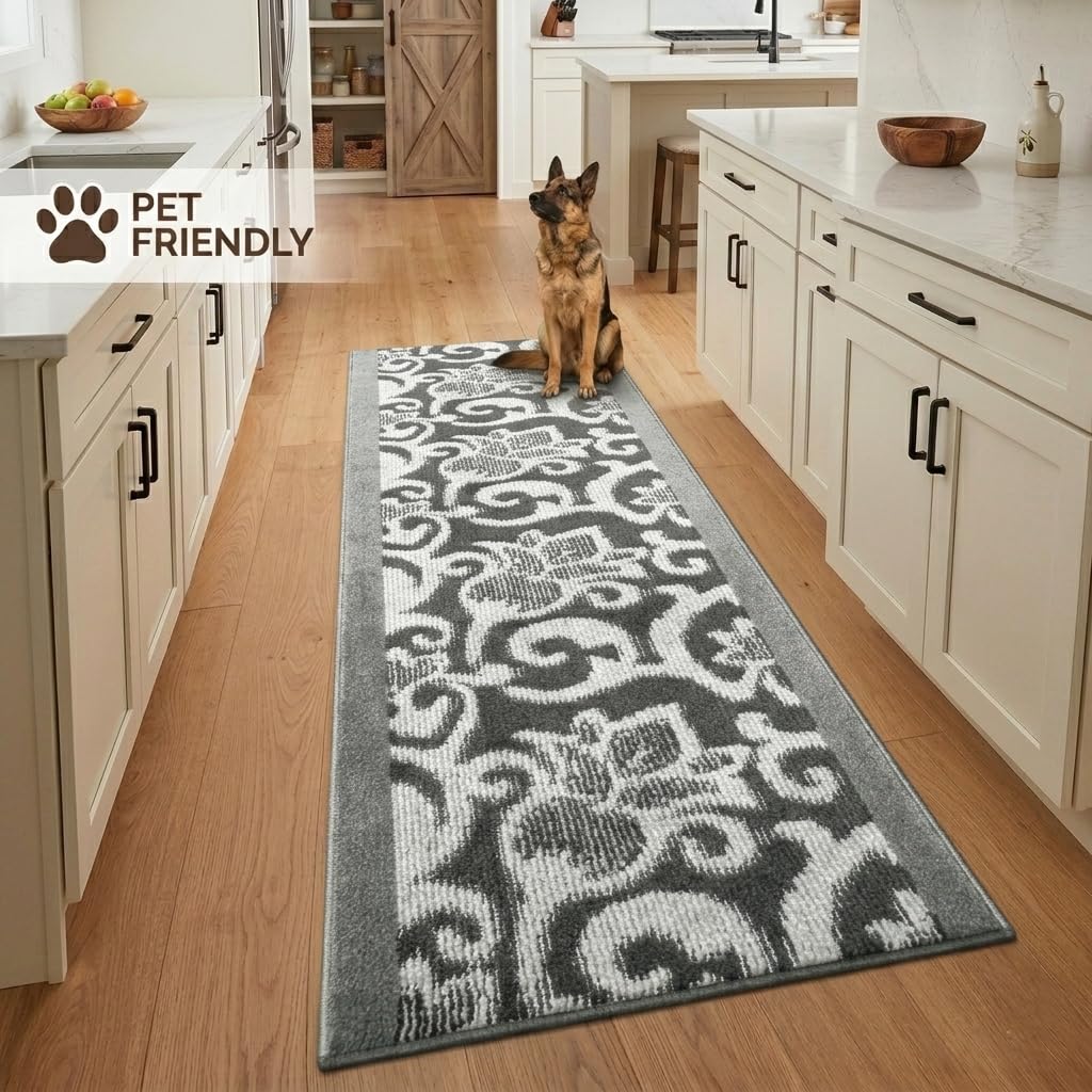 7 Ft Long Non-Slip Washable Carpet Runner Rug with Rubber Backing, Custom Floor Mat for Kitchen Hallway Stairs Bedroom Bathroom Entryway, Your Choice of Length, Lily Anthracite (26" X 7')