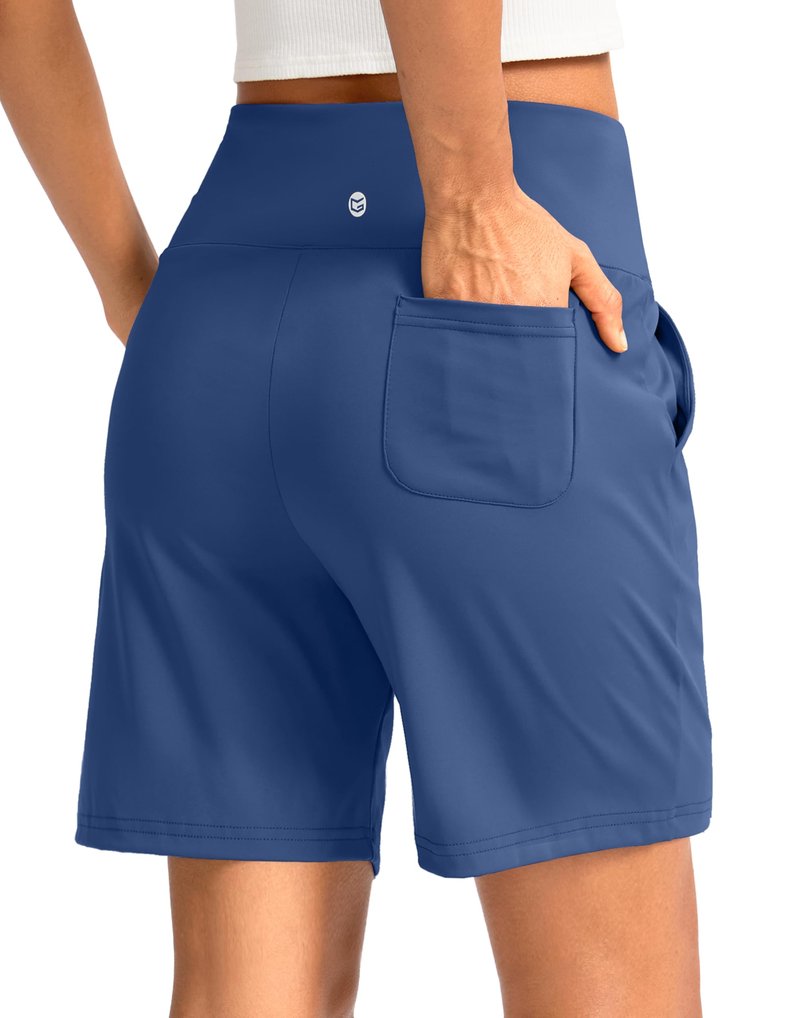 G Gradual Women's Bermuda Long Shorts with Pockets 7" High Waisted Knee Length Shorts for Women Walking Athletic Workout(Blue-L7,XL)