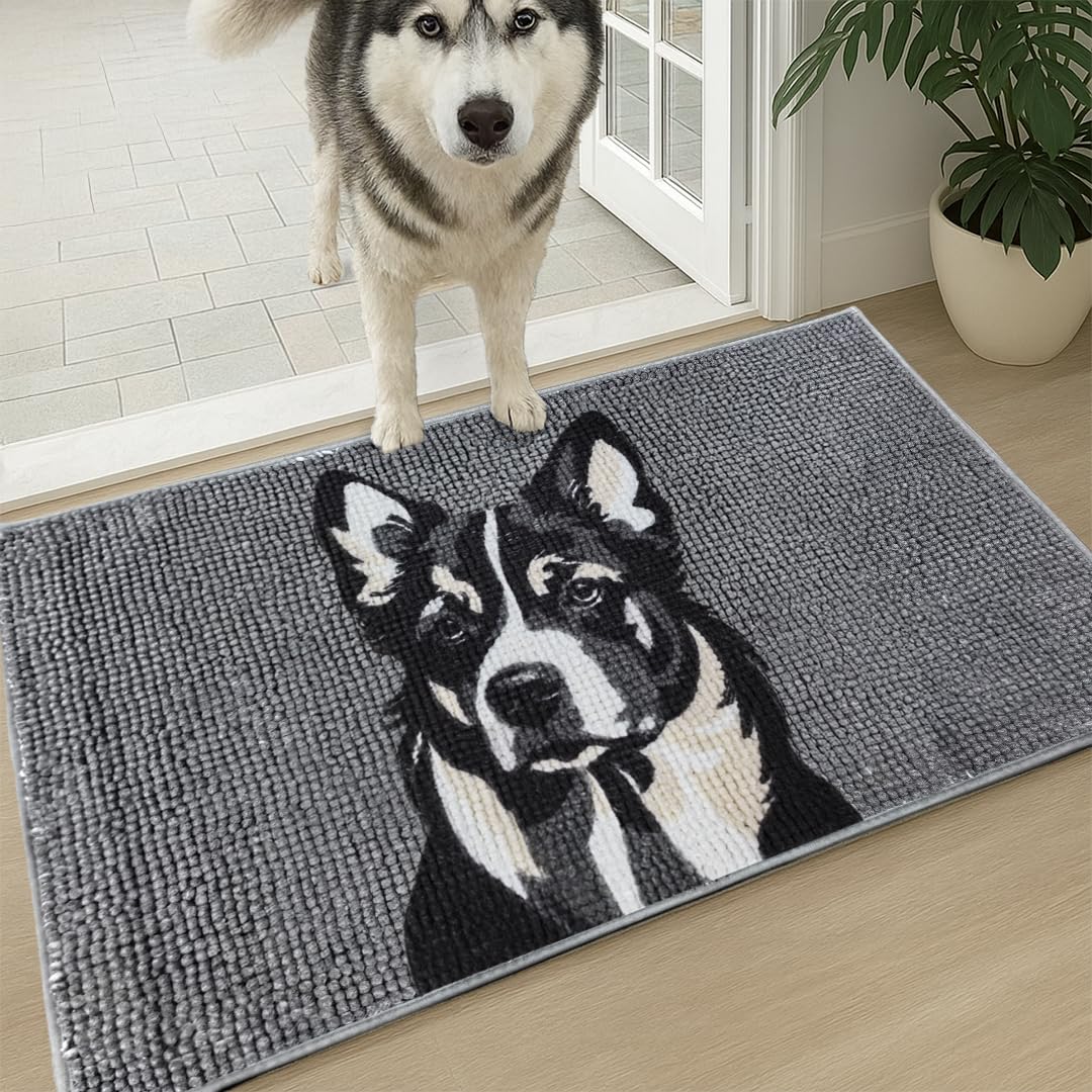 Muddy Mat® Highly Absorbent Microfiber Door Mat and Pet Rug, Non Slip Thick Washable Area and Bath Mat Soft Chenille for Kitchen Bedroom Indoor and Outdoor - Dog Face Border Collie 19"X30"