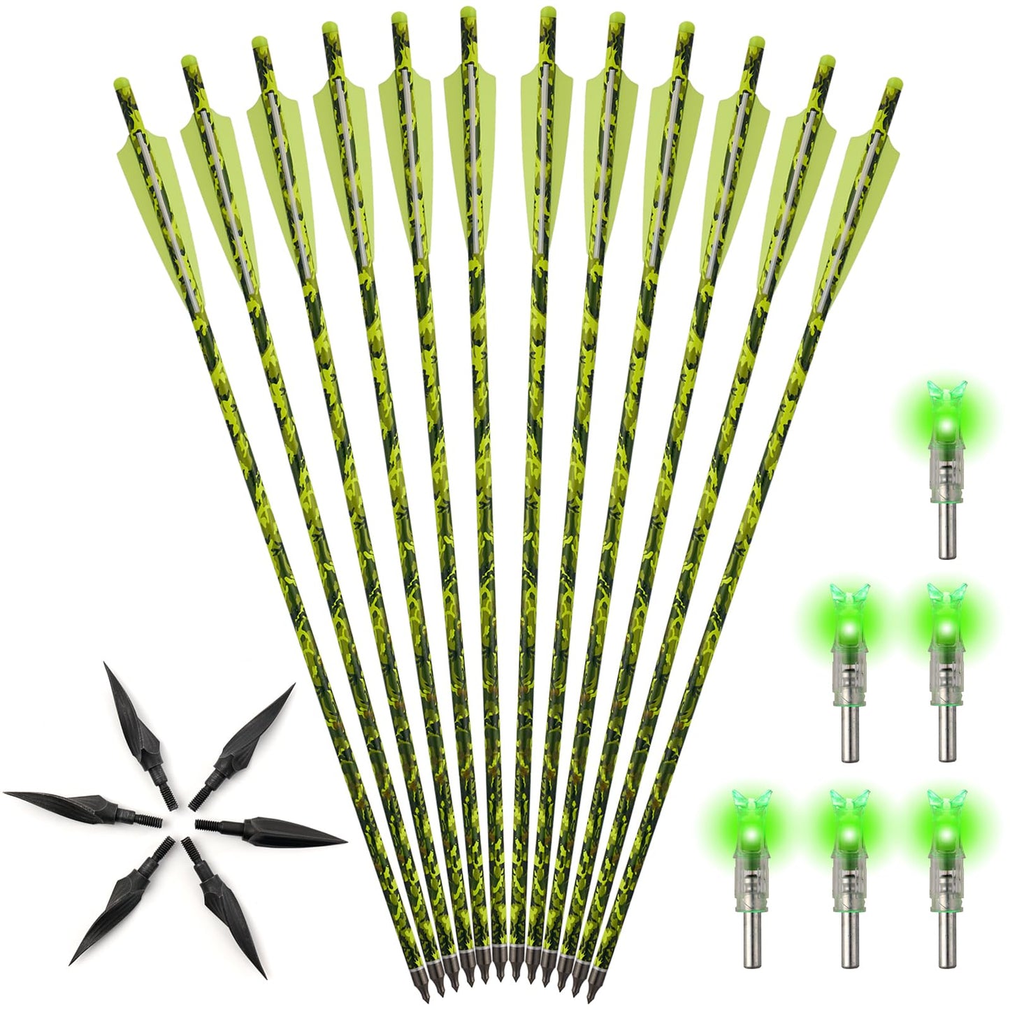 20 inch crossbow bolt Carbon Crossbow Arrow 12 Pcs With 6 Green Lighted Nock and 6 Willow Leaf Arrow Points, Hunting and Outdoor Practice lighted nocks for arrows nockturnal lighted nocks-Camouflage