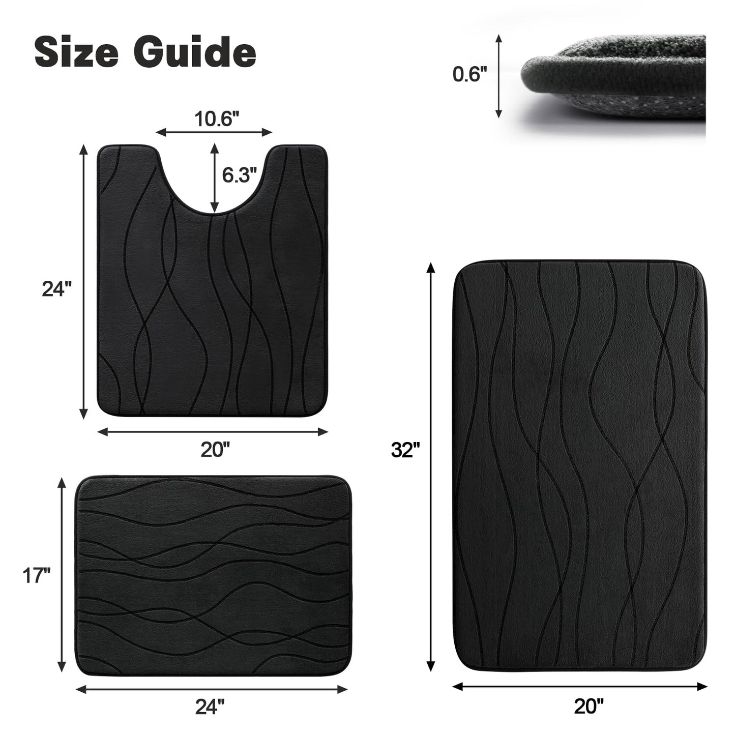 YIHOUSE Memory Foam Bathroom Rug Sets, Black, 3 Piece