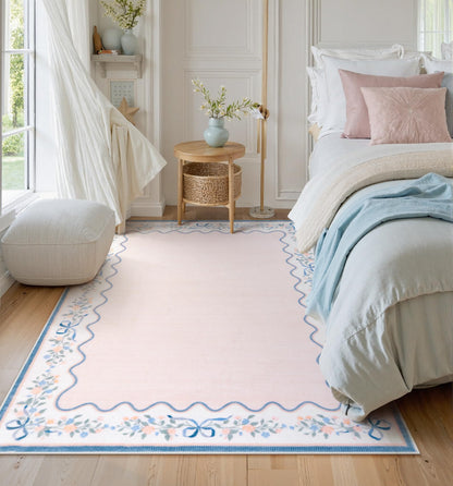 Seavish Pink Floral Rugs for Bedroom Girls, 5x7 Area Rugs for Living Room, Soft Washable Scalloped Nursery Rug, Boho Farmhouse Non-Slip Low Pile Carpet Rug for Kids Playroom Dining Room Office