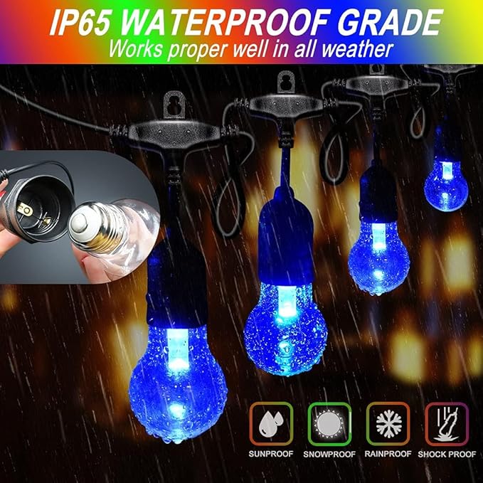 Auroraworld 35FT RGB Outdoor String Lights, Dimmable Color Changing Waterproof LED Patio Lights with Remote & E26 Shatterproof Edison Bulbs for Bistro Backyard Garden Party Decor