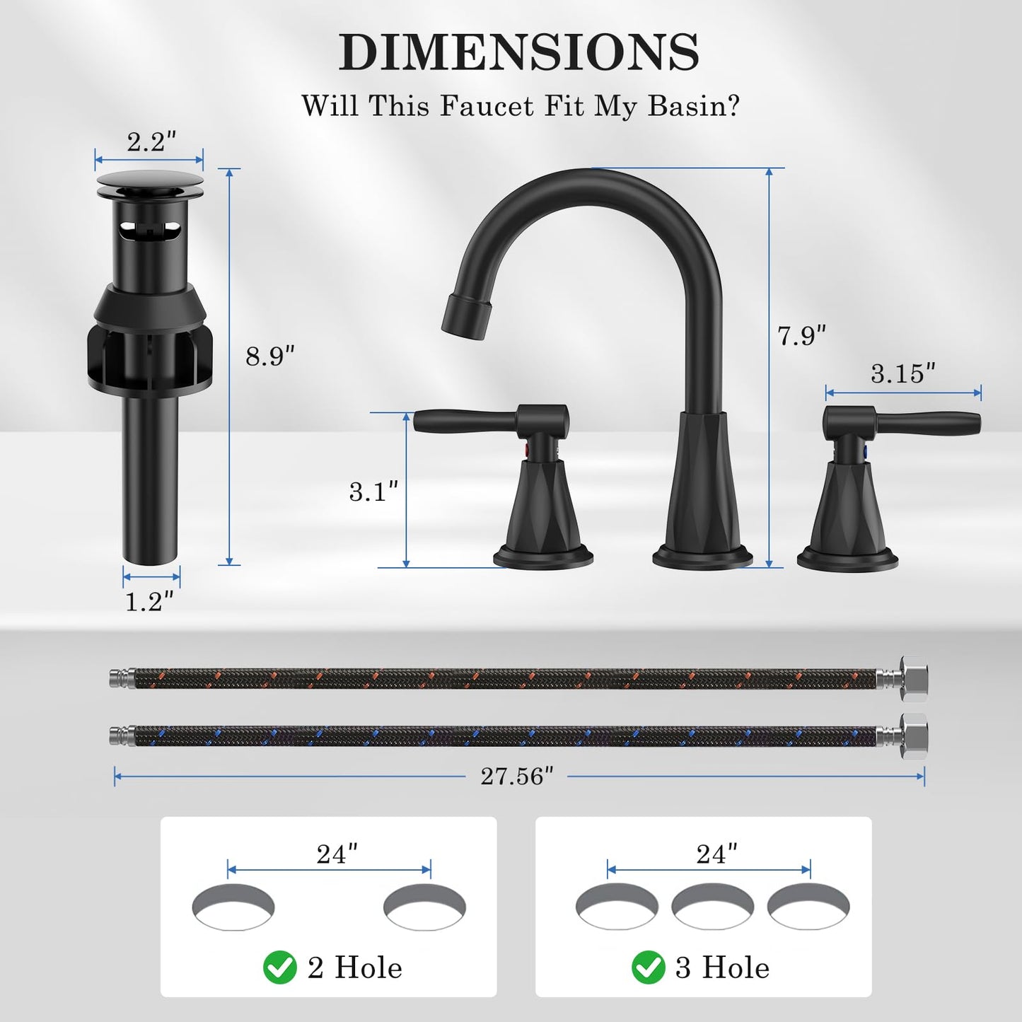 Bathroom Faucets with Filter, Widespread Black Bathroom Sink Faucet for 3 Holes with Pop-up Drain Assembly, Two Handle Vanity Faucet (Contemporary)