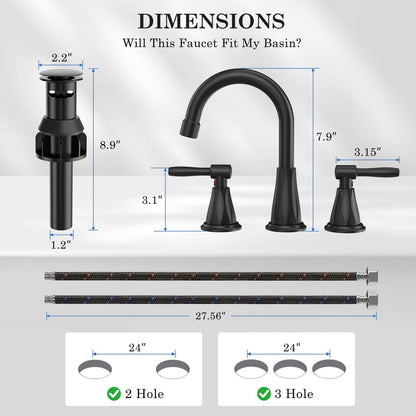 Bathroom Faucets with Filter, Widespread Black Bathroom Sink Faucet for 3 Holes with Pop-up Drain Assembly, Two Handle Vanity Faucet (Contemporary)