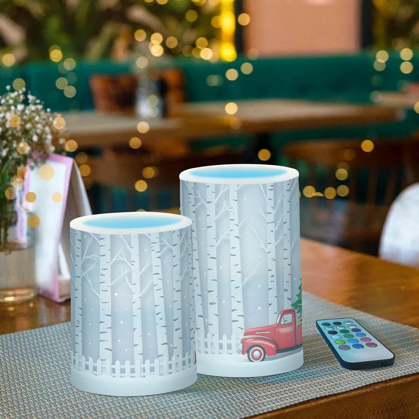 Winter Season with Red Truck Carry Christmas Tree Flickering Flameless Candles Battery Operated with Remote Timer,Tea Light Candles LED Pillar Votive Candles set of 2 for Outdoor Indoor Decorations