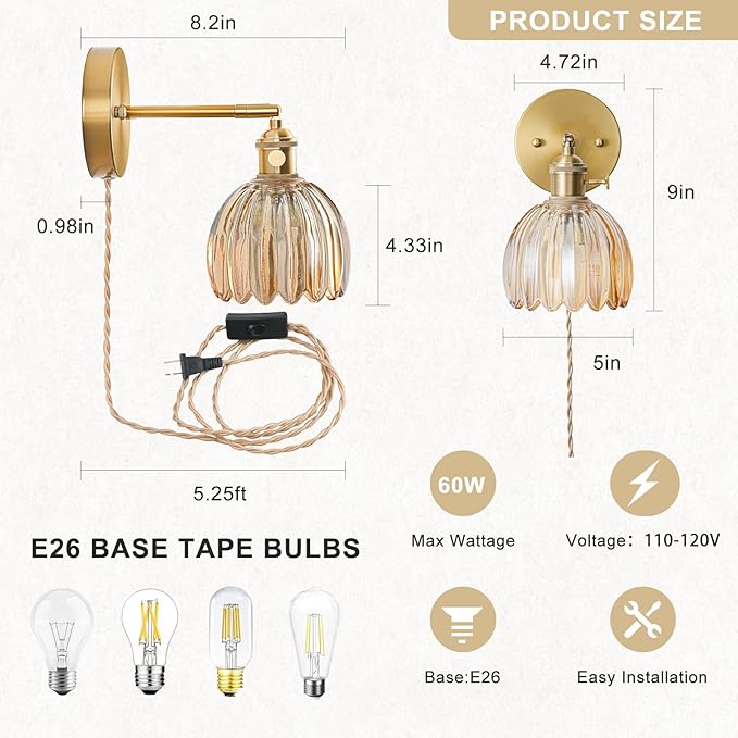Plug in Wall Sconces Set of 2, Vintage Wall Sconce Light with Tulip Amber Glass Lampshade, 180° Adjustable Wall Sconce with Switch and Plug in Wall Lamp Cord, Gold Wall Light Decor Set of 2
