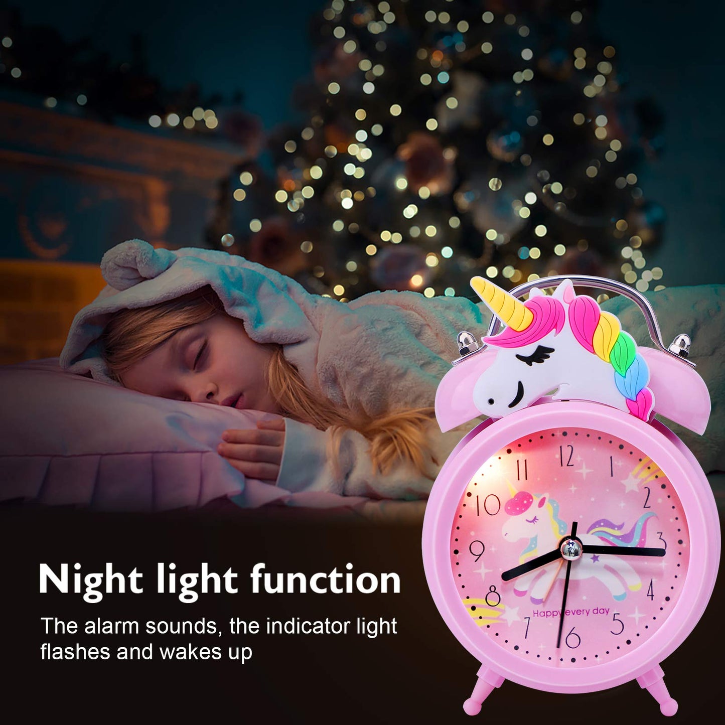 TCJJ Unicorn Alarm Clock for Girls Kids, Cute Bedroom Decoration, Non Ticking Silent Second Hand, w/Backlight Super Loud Twin Bell, for Kids Unicorn Gifts (Pink)