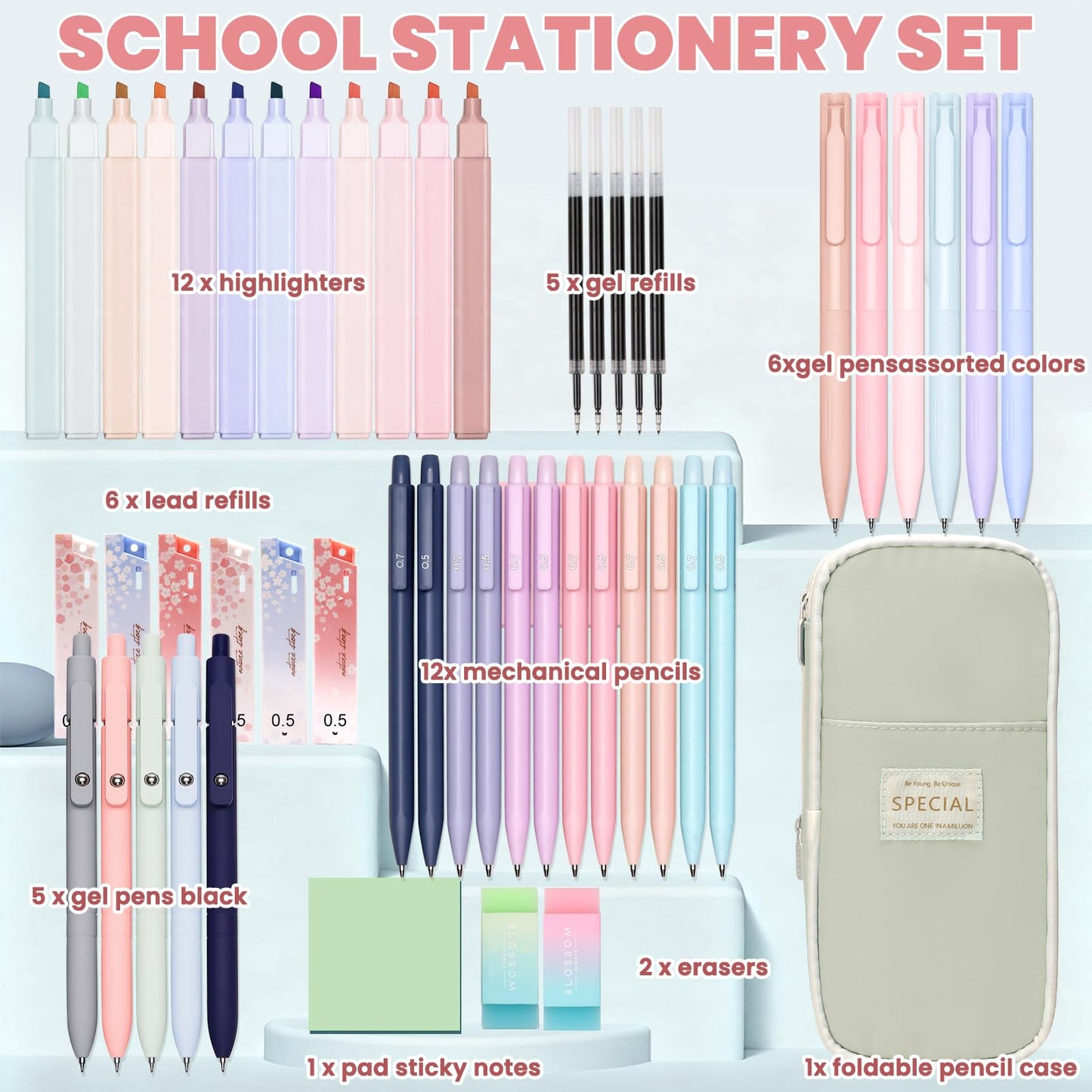50 PCS Aesthetic School Supplies with Cute Pen Case,12 Pastel Highlighters,5 Black Ink Gel Pens, 12 Mechanical Pencils Set 0.5 & 0.7 mm 6 Color Gel Pens for Students Stationary College Essentials
