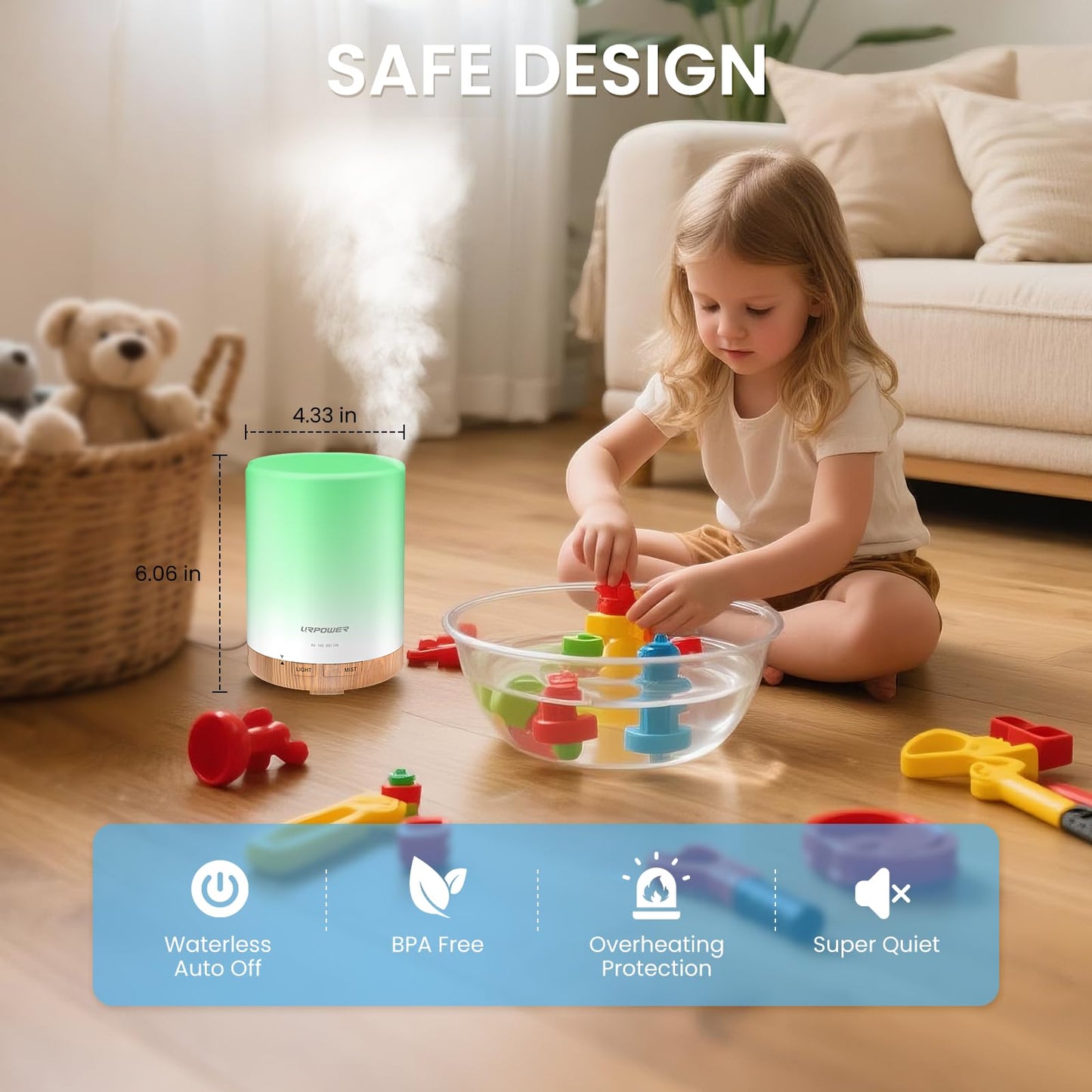 URPOWER 300ml Essential Oil Diffuser Ultrasonic Air Humidifier AUTO Shut Off Aromatherapy Scent Diffuser Night Light 7 Color Changing LED Lights and 4 Timer Settings for Home Office Yoga