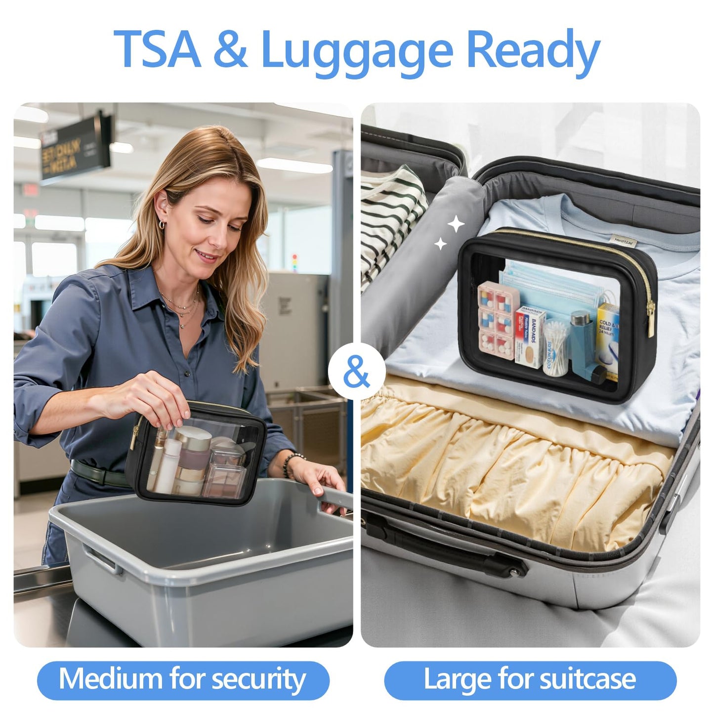 PACKISM 2 Pack Clear Makeup Bag Set (1 Large 1 Medium) - Foldable TSA Approved Toiletry Bag for Carry-on & Checked Luggage, Water Resistant Car Storage Organizer, Black