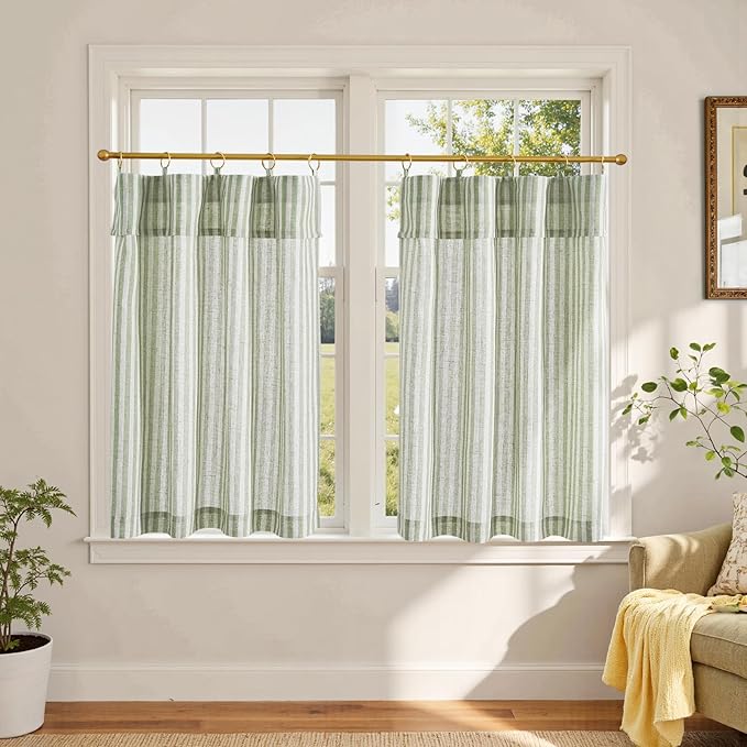 jinchan Striped Linen Kitchen Curtains with Attached Valance 36 Inch Length Cafe Tier Curtains for Living Room Rustic Half Window Light Filtering Rod Pocket Small Drapes 2 Panels Green