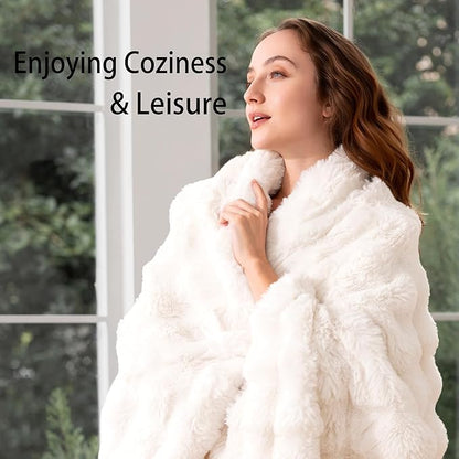 Luxury Faux Fur Throw Blanket 3D Bubble for Couch - Fluffy Blanket Double-Sided Non-Shedding, 60x80 Inches, Fits Bed/Car/Camping/Patio, Gift for Women,Room Decor,White