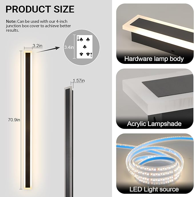2 Pack 71 Inch Exterior Wall Sconces 3000K Modern Outdoor Wall Lights IP65 Waterproof Black Outdoor Sconces Wall Lighting for House