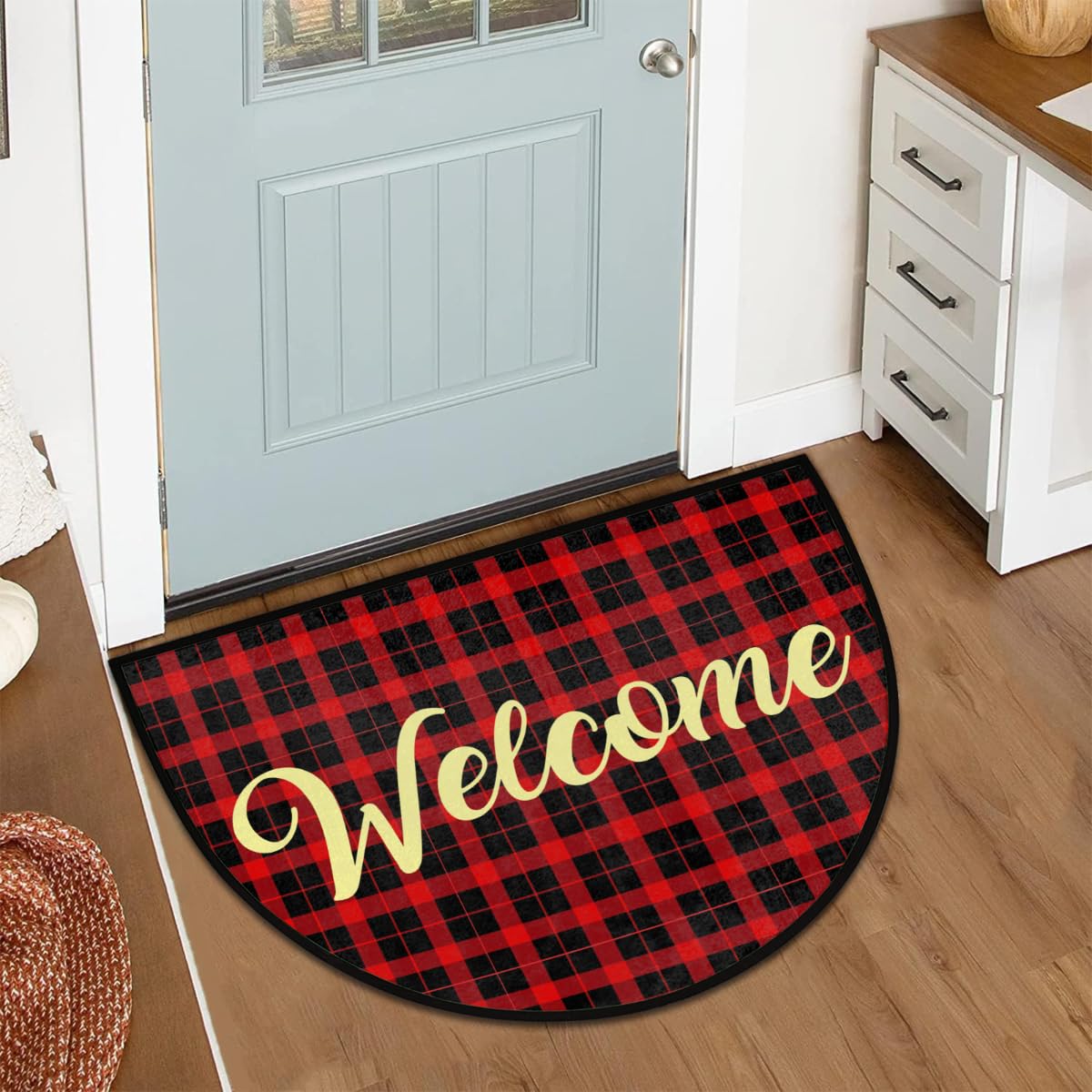 Half Round Door Mat Red Black Classic Plaid Outdoor Welcome Mat Christmas Non-Slip Area Rug for Entryway Front Door 36"x24"