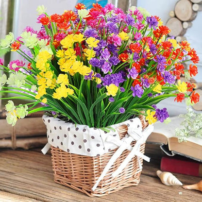10 Bundles Artificial Flowers, Outdoor Gypsophila Baby's Breath Fake Flowers, UV Resistant Faux Greenery Shrubs Hanging Plants for Home Wedding Garden Porch Window Decoration (Long Leaves)