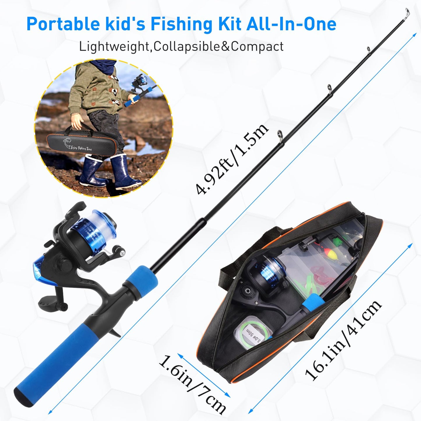 Ehowdin Kids Fishing Rod Ambidextrous, 4.92ft Telescopic Rod and Reel Beginner Combo with Open-face Spinning Reel,Tackle Box, Carrier Bag,Fishing Gear for Boys,Girls, Toddler,Youth