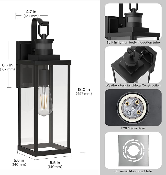 L LOHAS LED Large Size Motion Sensor Outdoor Wall Lights, 18 Inch Black Waterproof Anti-Rust Outdoor Light Fixtures Wall Mount with Clear Glass Shade for Porch, Garage, ETL Listed, 2 Pack