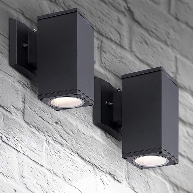 ASD 1 Light Square Dusk to Dawn Outdoor Wall Light Fixture | 60W E26 Socket 120V ETL Cylinder Up Down Lights | LED/CFL/Incandescent Bulb Exterior Wall Sconce | Front Door, Porch, Patio | Black, 2 Pack