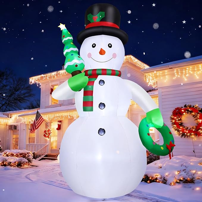 GOOSH 12 FT Christmas Inflatable Snowman Outdoor Decoration Blow Up Yard Giant Cute Snowman with Christmas Tree & Wreath Built-in LEDs for Indoor Party Xmas Garden Lawn Decor