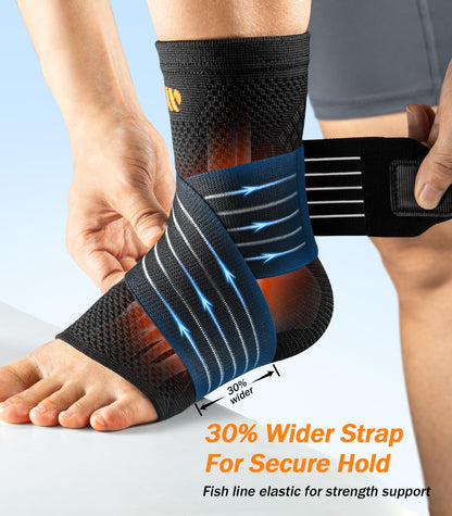 WHCOOL Low-Profile Ankle Braces for Women & Men, Customizable Ankle Compression Sleeve w/Wide Strap, Foot Support Wrap for Plantar Fasciitis Pain Relief, Achilles Tendonitis, Sprain, Black, 1 Pair, XL