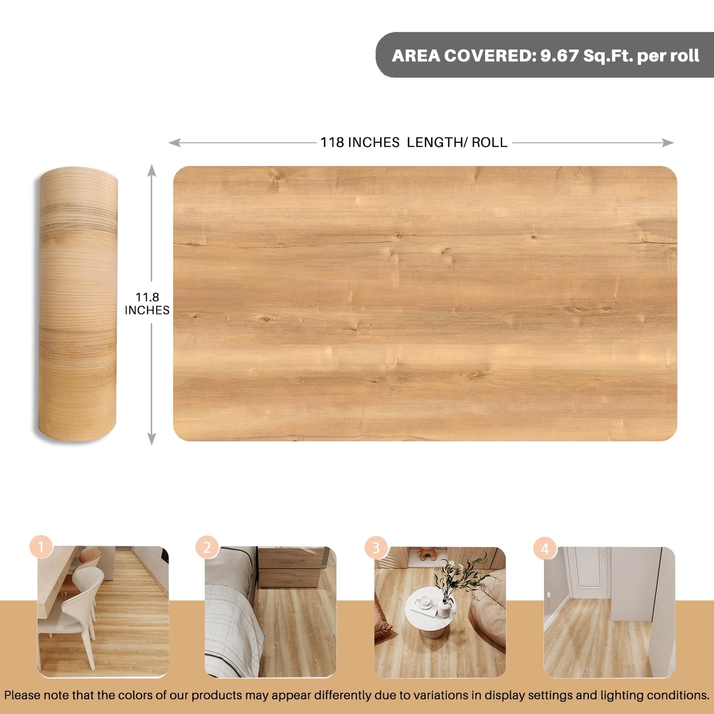auxua Wood Grain Peel and Stick Floor Tiles – 11.8” Width, Full Roll Length of 118" – Versatile Design for Any Space, Yellow Self Adhesive Vinyl Flooring, Waterproof and Non-Slip Features