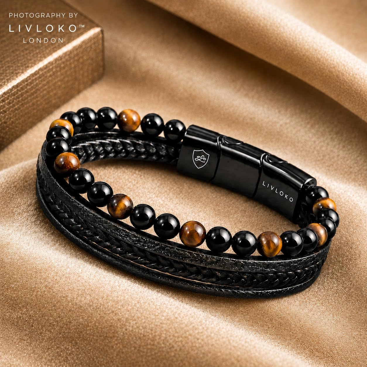 LIVLOKO LONDON Mens Bracelet Leather Black Multi-Layer Tiger Eye Stone Beads Adjustable Steel Clasp Viking Rope Bands Surfer Man Wristband Male UK Jewellery Gift box Husband Boyfriend Dad Son
