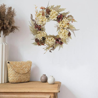 20 Inch Winter Fall Wreaths for Front Door, Boho Front Door Wreath, Fake Dried Hydrangea Flowers, Burlap, Pampas Fall Decorations for Home Farmhouse Front Porch