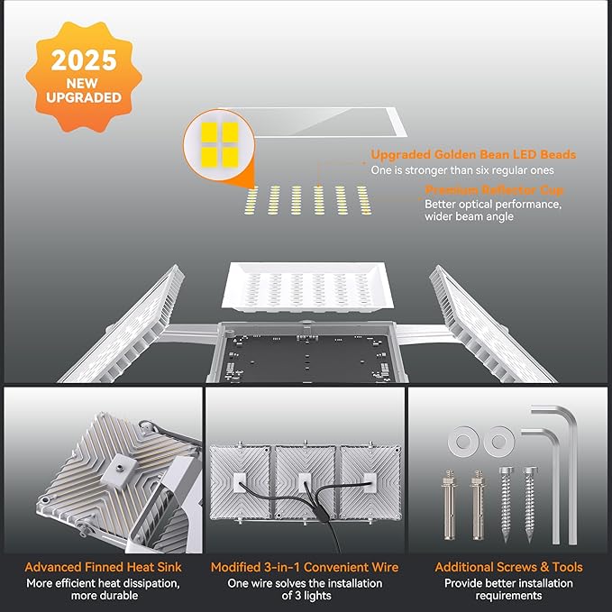 600W 2 Pack 2025 Plus New Upgraded LED Flood Light Outdoor, 60000LM Super Bright Stadium Lights, 6000K Daylight White, IP66 Waterproof, 3 Heads Adjustable Floodlights for Yard, Arena, Street