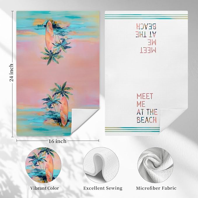 Boho Coastal Beach Kitchen Towels, Meet Me at The Beach Decorative Hand Towels