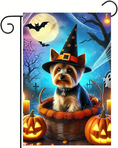 Halloween Garden Flag Yorkie Witch Hat Garden Flag Polyester 12x18 Inch Fall Winter Holiday Decor Outdoor Yard, Patio, Farmhouse Decoration No Flagpole