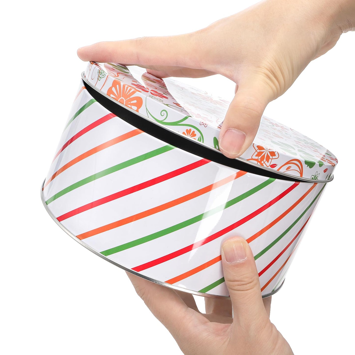 Yopay 3 Pack Round Decorative Cookie Tins, Floral Red Green Striped Holiday Metal Gift Tins, Food Safe Baking Cake Storage Containers for Easter, Christmas Cookies, Candy, Biscuits, Gift Packaging