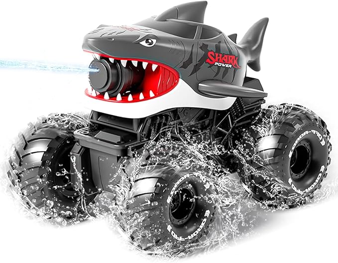 Gesture Sensing Amphibious Remote Control Gray Shark Monster Truck with Water Squirt 4WD 1:16 RC Car All-Terrain Waterproof RC Tank Pool Toy Outdoor Summer Gifts for Kids Age 6+（2 Replaceable battery)