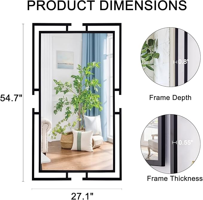 Large Decorative Wall Mirror, 54"x27" Black Mirror Wall Decor with Metal Frame for Living Room, Bedroom, Farmhouse, Horizontal/Vertical