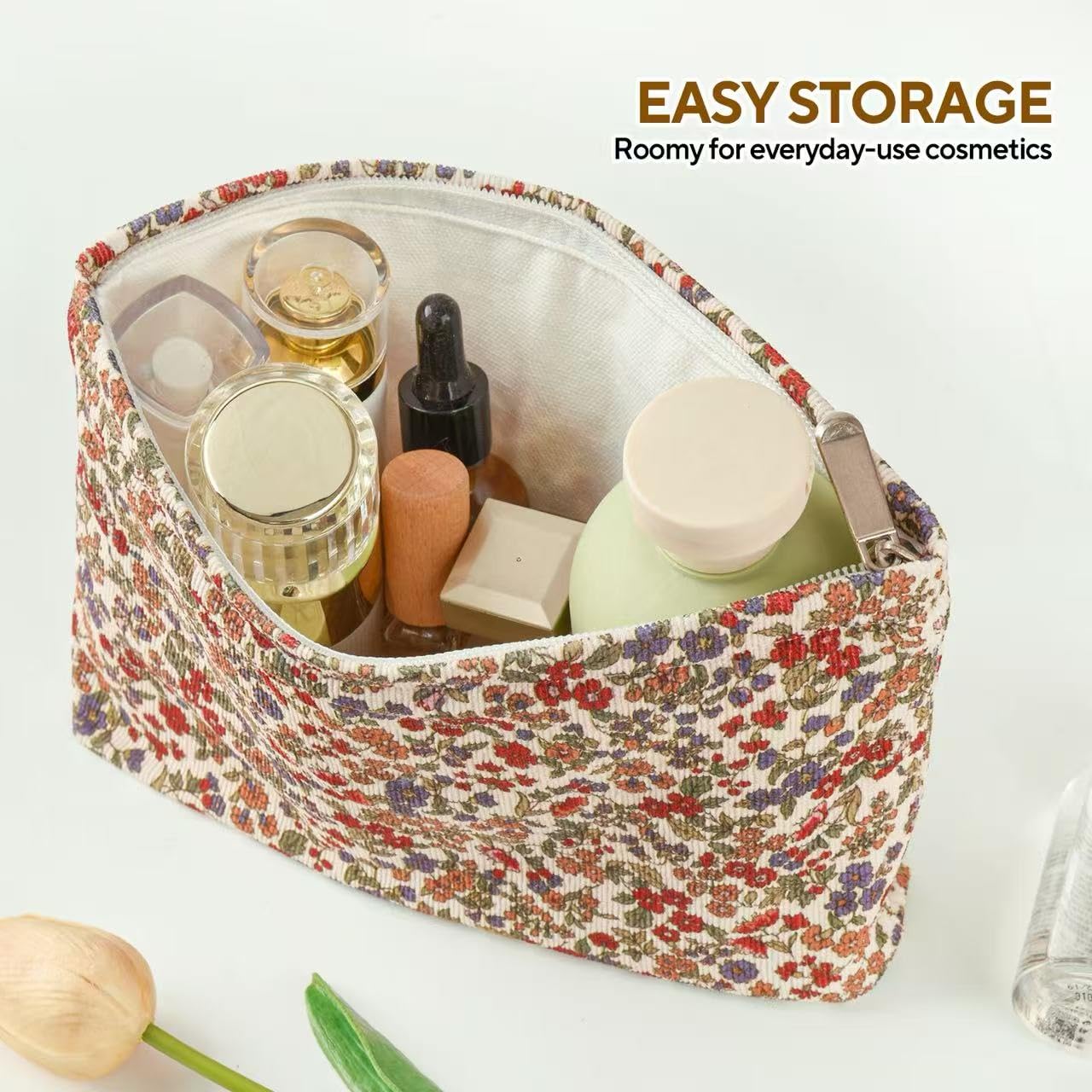 3Pcs Floral Makeup Bags, Cosmetic Bags for Women, Large Capacity Corduroy Makeup bag Set and Portable Mini Makeup Bag,Aesthetic Women Handbags Purses, Travel Essentials Aesthetic Stuff (Floral 01)