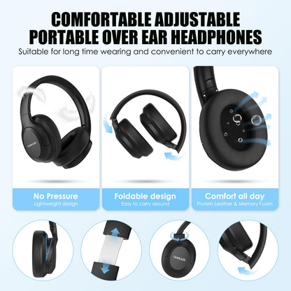 TANKASE Active Noise Cancelling Headphones, Wireless Over Ear Bluetooth Headphones,100H Play Time Bluetooth Headphone with Microphone,Lightweight and Foldable Comfortable Deep Bass for Work/Gym Black