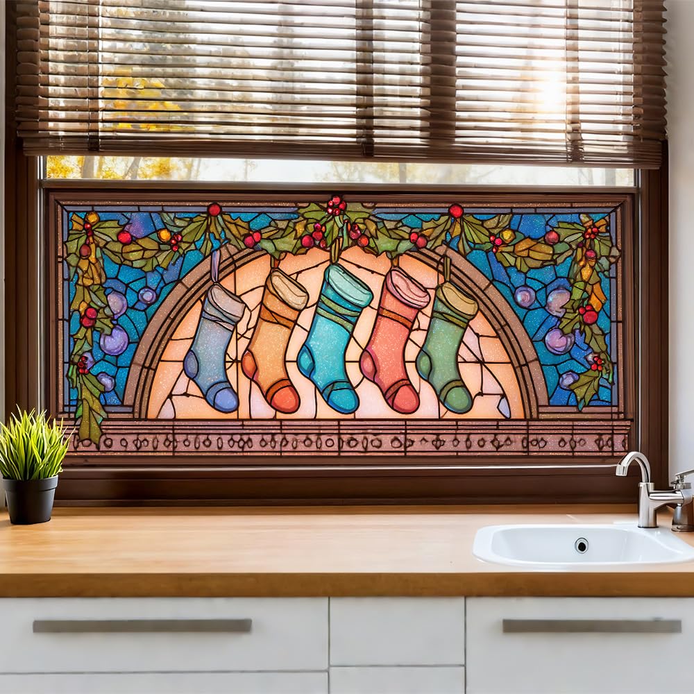 WDESYADMS Window Privacy Film 39x17 Inch Christmas Stockings Stained Glass Design Peel and Stick Static Cling Decorative Window Film for Holiday Living Room Bedroom Glass Door