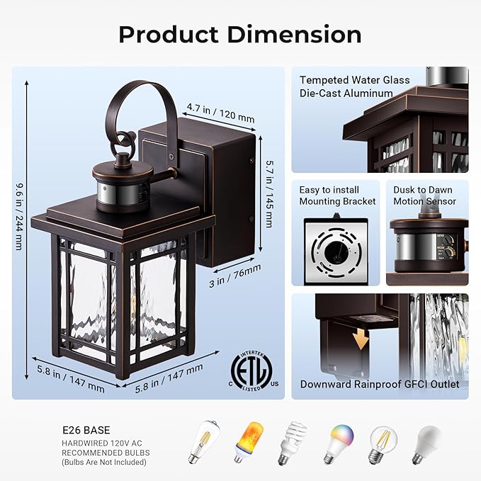 2-Pack Porch Light with GFCI Outlet, Motion Sensor Outdoor Wall Light Wall Mount, Oil Rubbed Bronze Exterior Lighting Fixtures, Anti-Rust Outdoor Lantern Wall Sconce for Garage, Patio, Balcony
