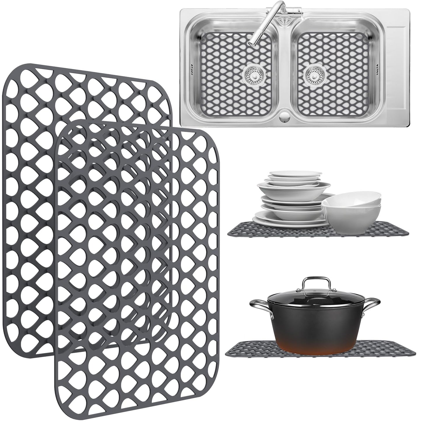 Silicone Sink Protectors for Kitchen Sink – 2 Pack Kitchen Sink Mats for Bottom of Sink – Heat-Resistant, Dishwasher-Safe Sink Grid – Non-Slip Sink Accessories, Flexible Sink Protector Mat – Gray