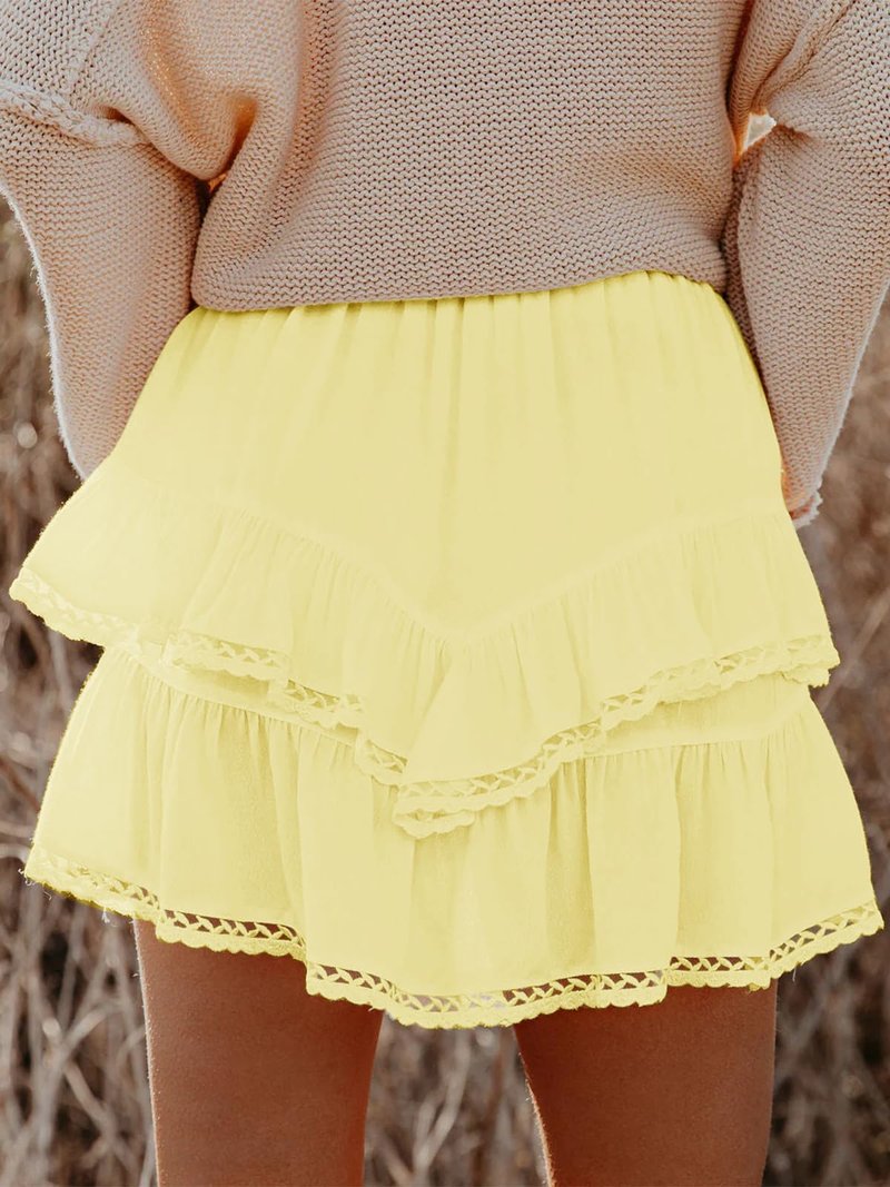 Aoudery Flowy Shorts for Women Casual Boho Ruffle Tiered Skorts High Waist Mini Skirts Golf Tennis Butterfly Crochet Shorts - Yellow S