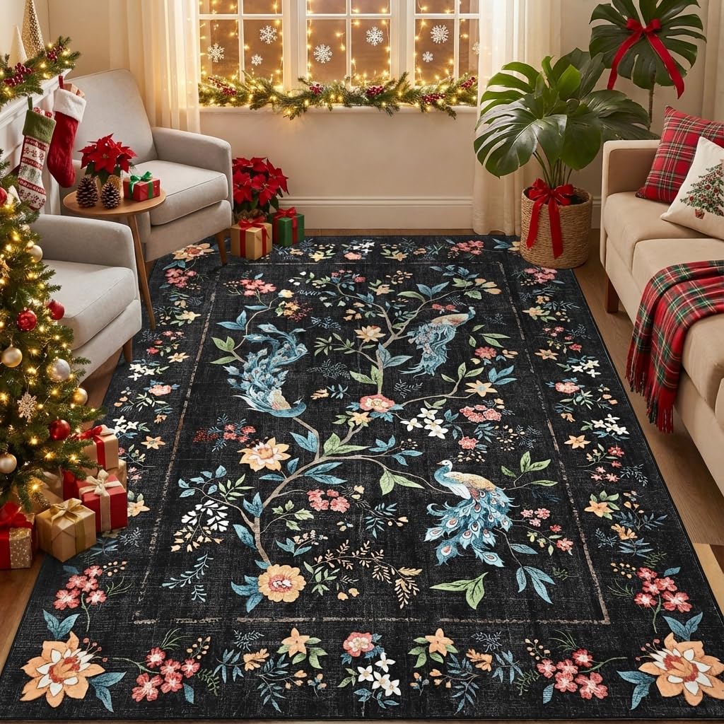 GarveeHome 5x7 Area Rug Floral Peacock Black Washable Rugs for Living Room Bedroom, Soft Low Pile Non Slip Accent Floor Mat Animal Print Throw Rug Indoor Carpet Dining Room Playroom