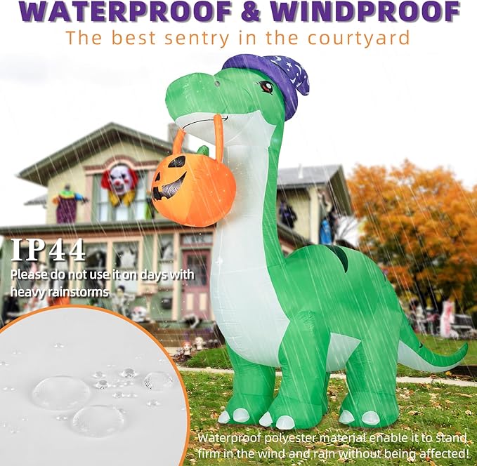10FT Halloween Inflatable Huge Dinosaur Decorations Outdoor, Blow Up Yard Decorations Built-in LED Lights,Halloween Party Decorations with Witch Hat and Pumpkin,for Garden/Lawn.