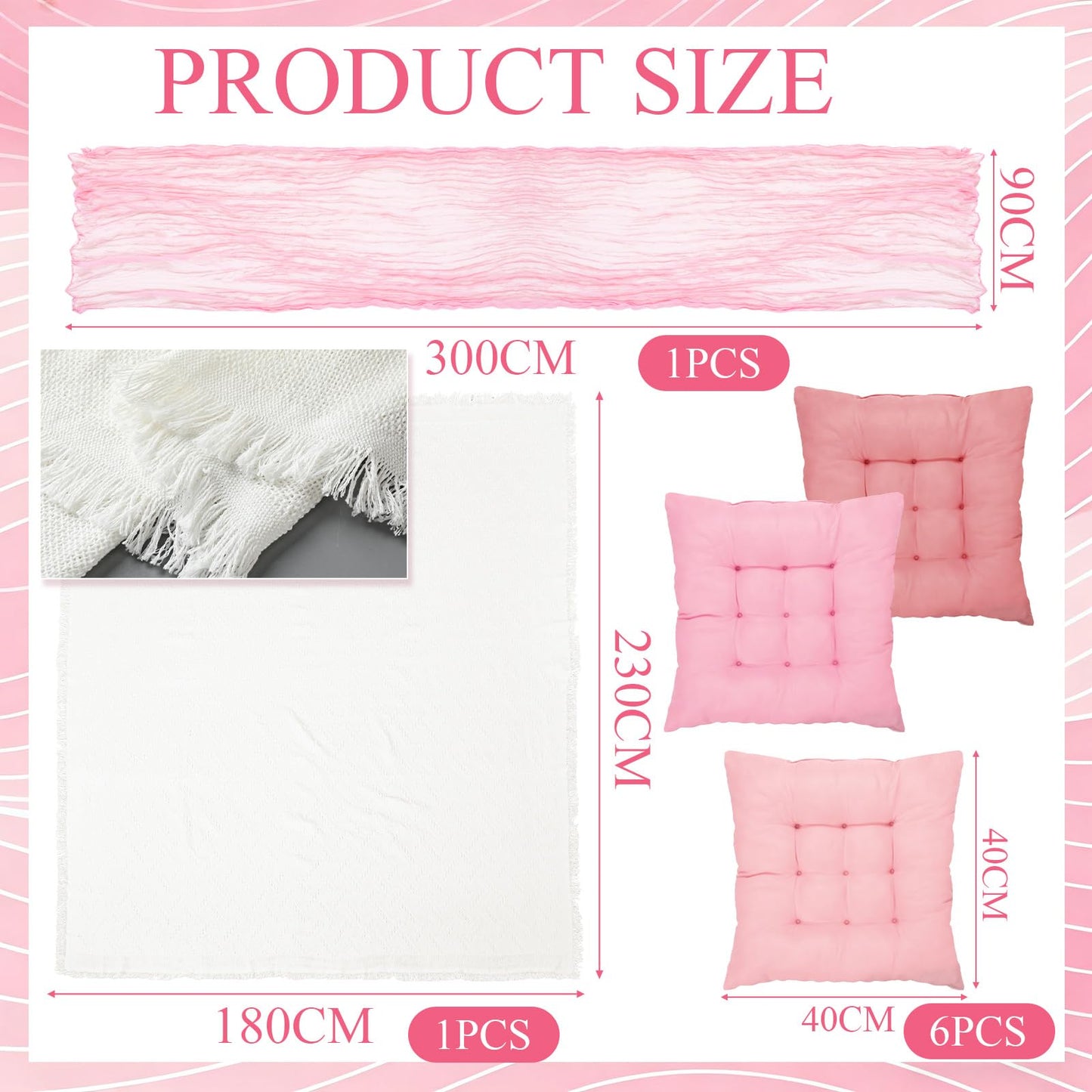 Hillsuren Extra Large Outdoor Picnic Blanket with Table Runner and Floor Pillow Cushion for Picnic Wedding Birthday Baby Shower Backyard (91 x 71'',Pink,6-Person)