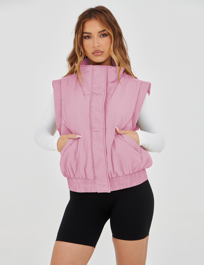 Lviefent Womens Puffer Vest Cropped Lightweight Button Down Quilted Vest Sleeveless Padded Gilet Coat with Pockets (Pink-M)