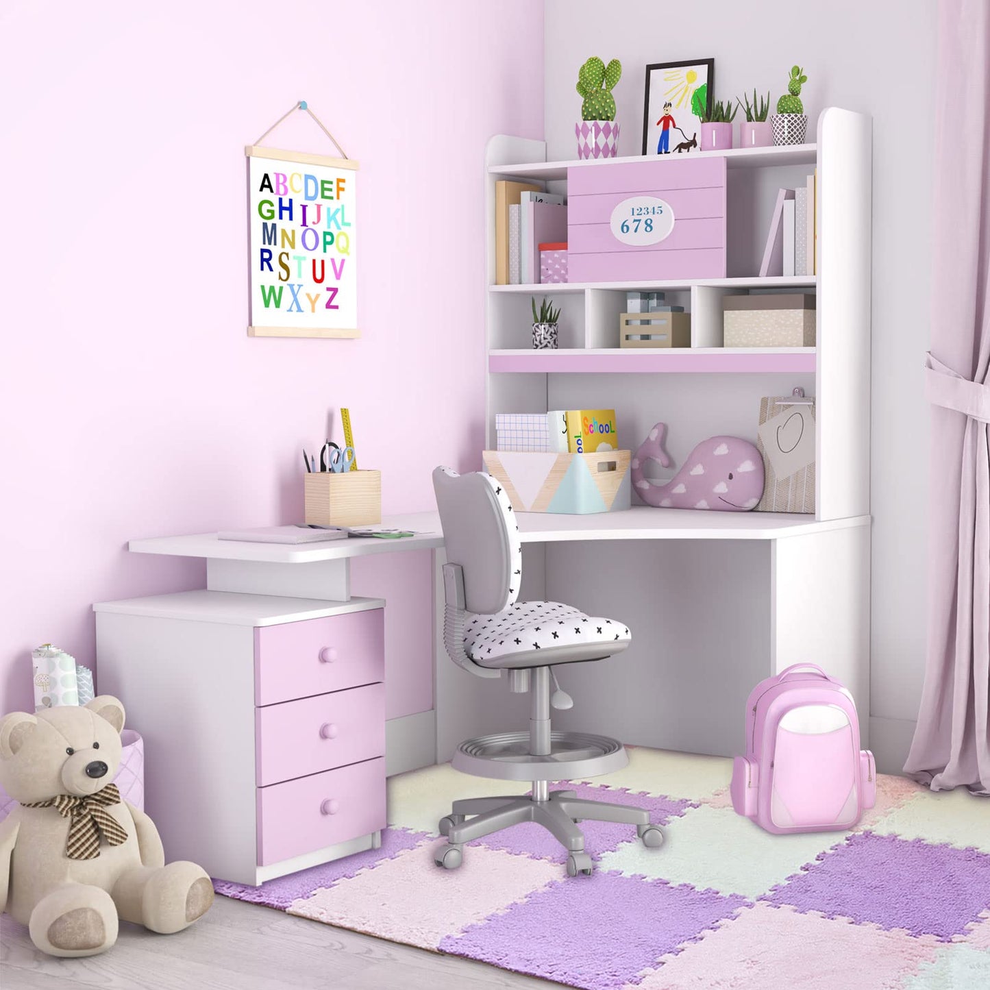 Amylove 72 Pieces Plush Foam Floor Mat Square Interlocking Carpet Tiles with Border 12 x 12 x 0.4 in Fluffy Play Mat Floor Tiles Soft Climbing Area Rugs for Home Playroom(White, Pink, Purple)