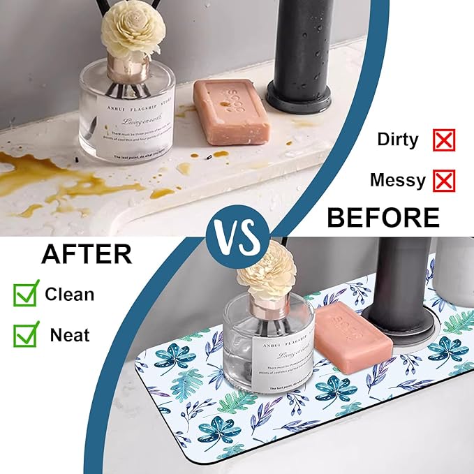 Watercolor Leaves Sink Splash Guard Faucet Mat Tropical Leaves Super Absorbent