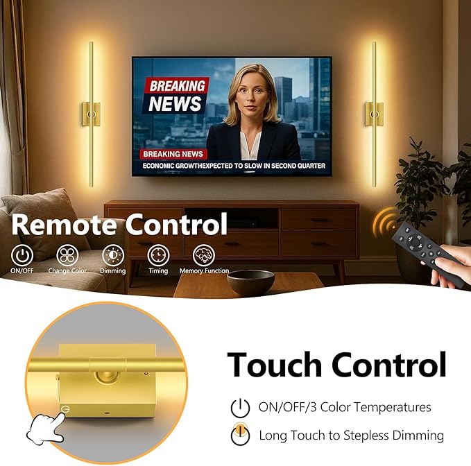 Eneru Battery Operated Wall Sconce Lights - 10000mAh Rechargeable Wireless Wall Sconces Set of Two with Touch and Remote, 360° Rotate, 4 Colors LED Wall Lamp for Living Room Bedroom Hallway (Gold)